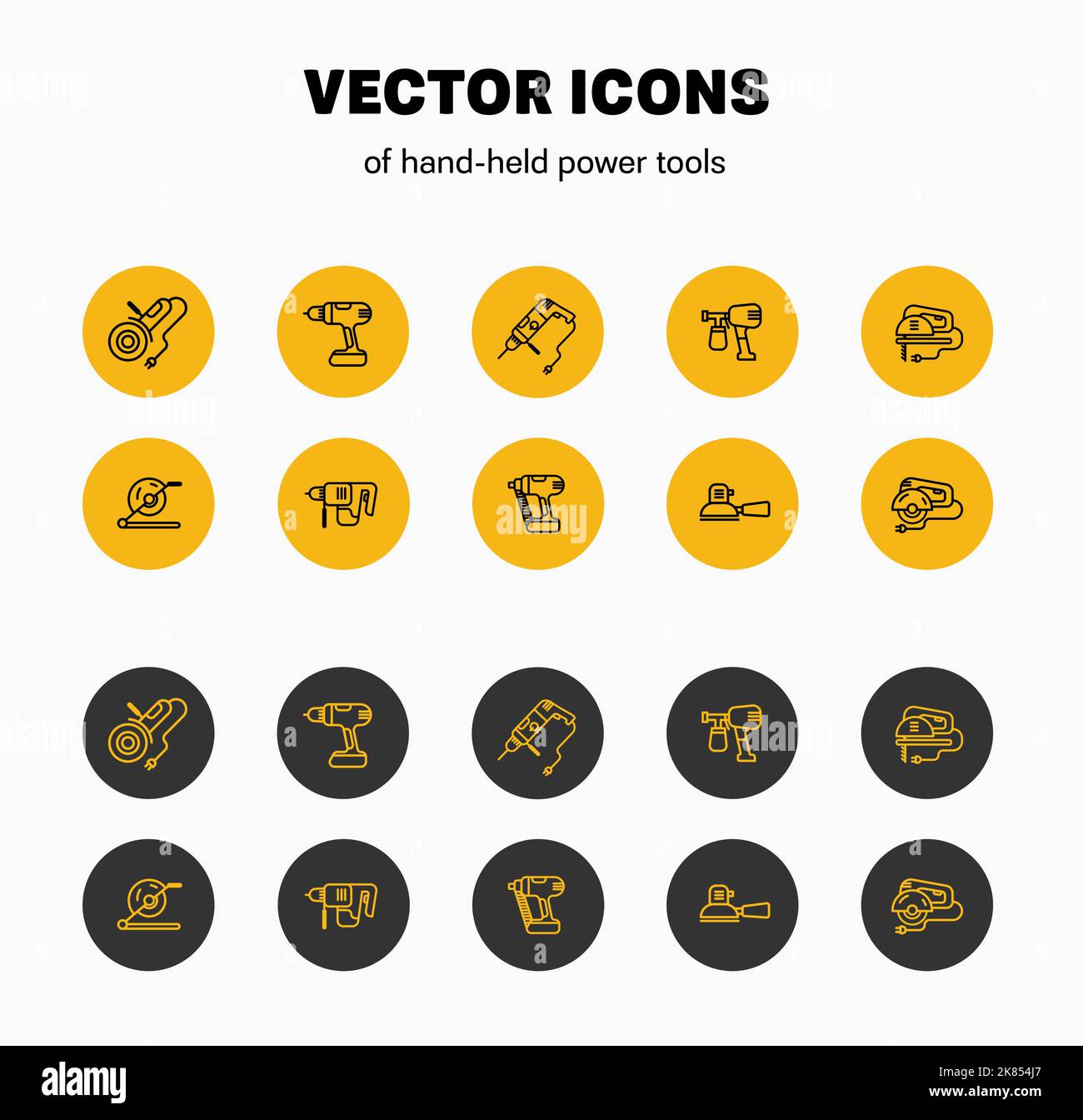Vector linear icons in a yellow and black circle isolated on a white background, presentation of the design of construction tools. Illustration instru Stock Vector