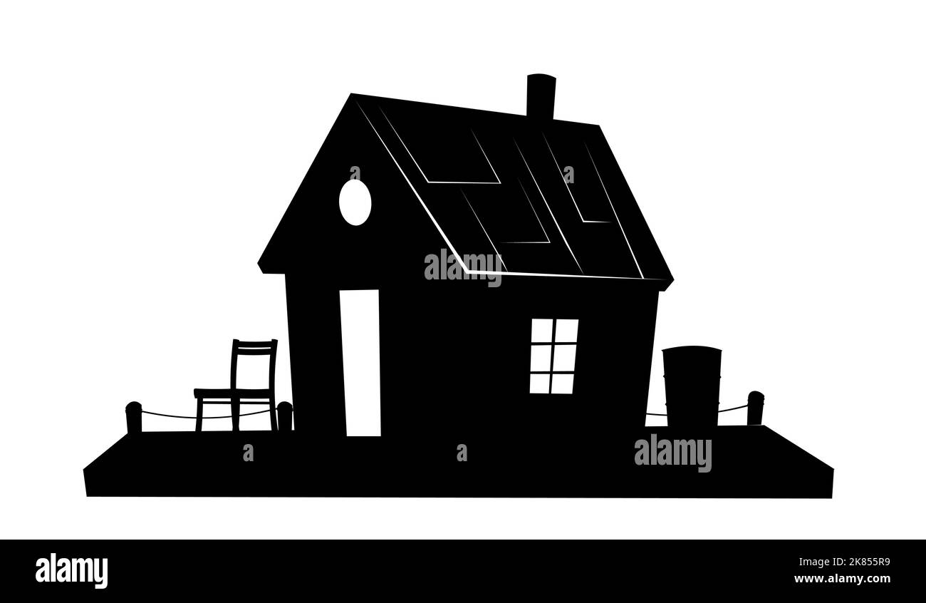 Floating house. Silhouette design. Dwelling with small courtyard on water. Isolated on white background. illustration vector Stock Vector