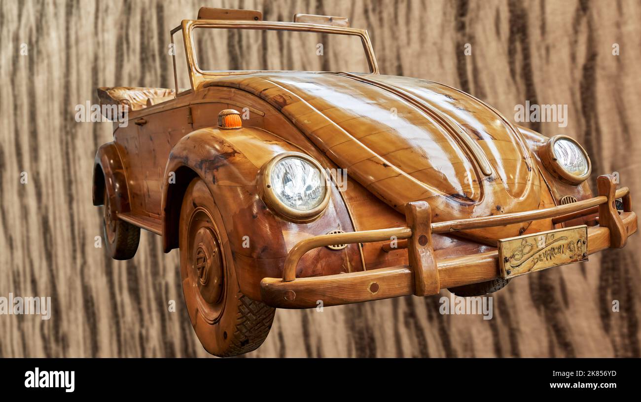VW Wooden Beetle Convertible, wooden VW Beetle from Italy floating in the canals of Venice in 1999, powered by an outboard engine in Wolfsburg, German Stock Photo