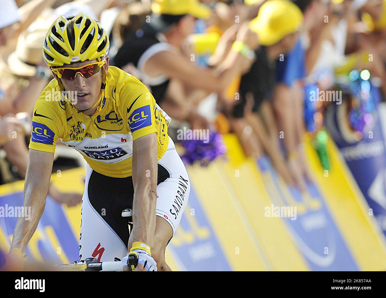 Saxo Bank's Andy Schleck with the yellow jersey at the end of stage eleven  Stock Photo - Alamy