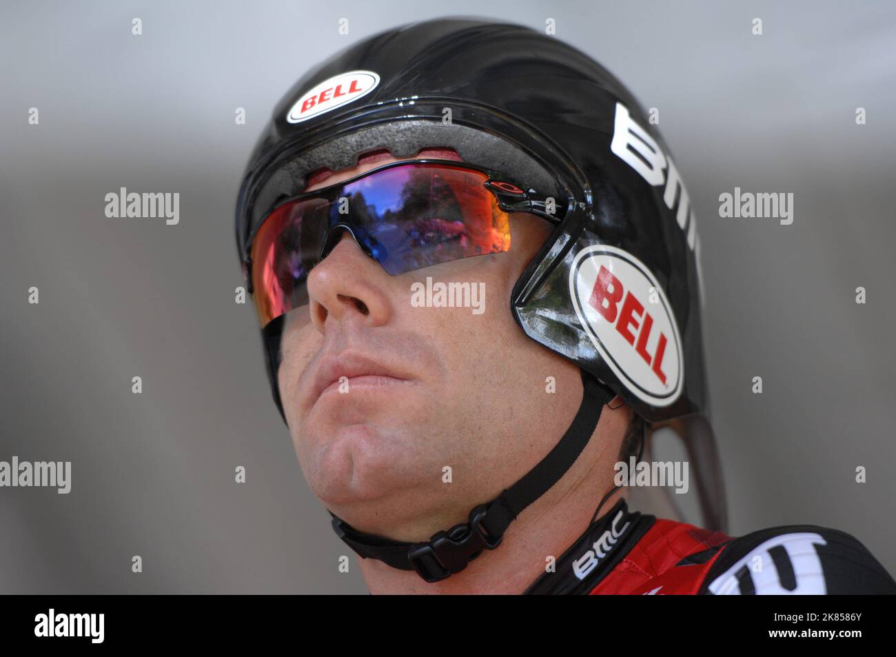 BMC Racing Team's Cadel Evans at the start of the individual time trial  Stock Photo