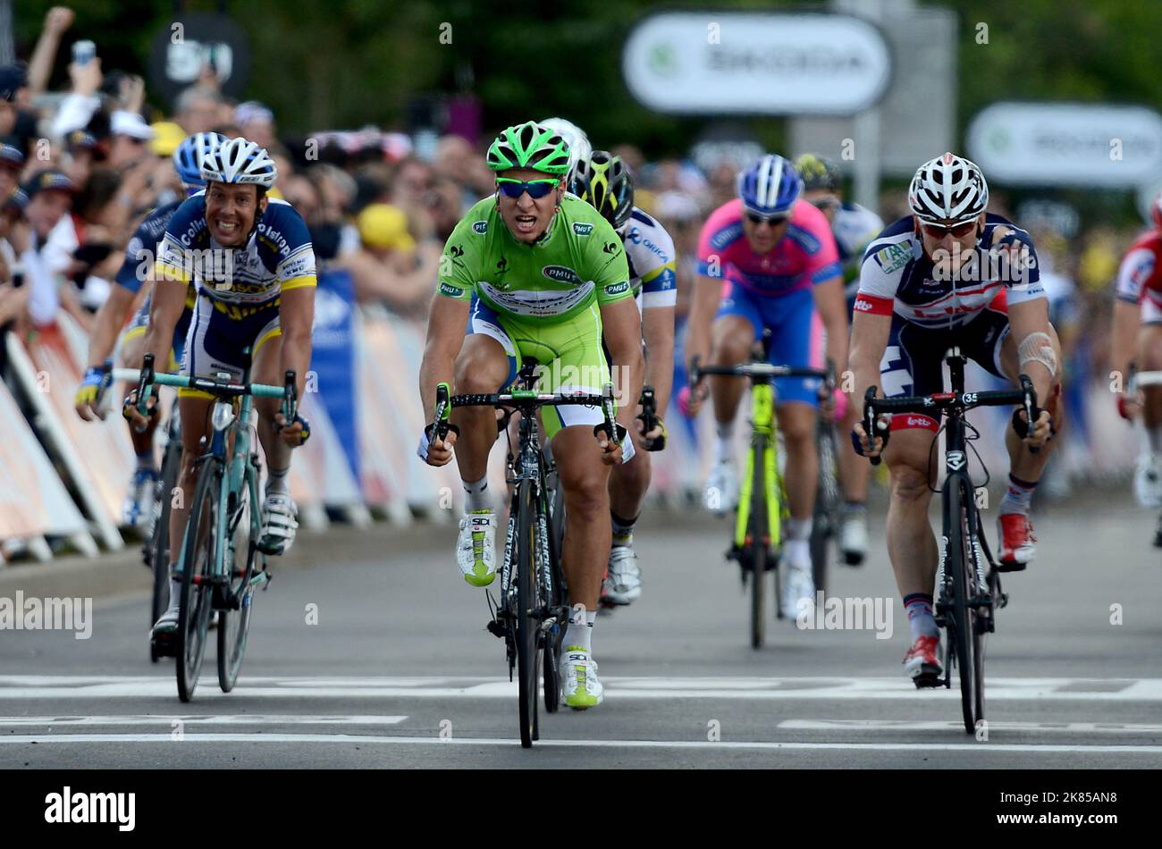 Peter Sagan takes the stage win ahead of Andre Greipel and Matthew Goss and Kenny Rober Van Hummel during Stage 6 of the 2012 Tour de France  Stock Photo