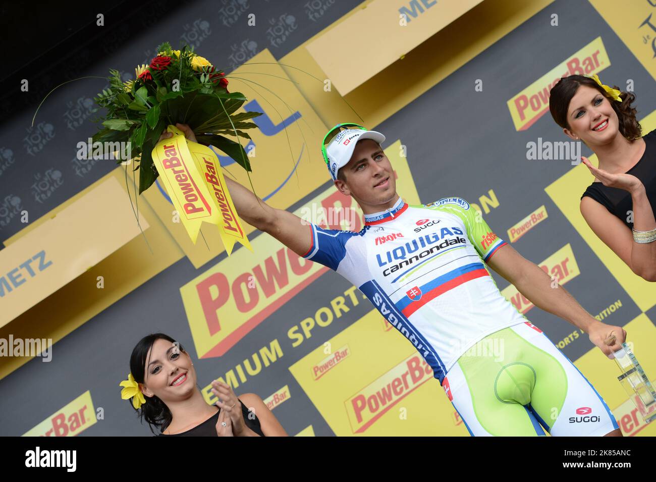 Peter Sagan takes the stage win ahead of Andre Greipel and Matthew Goss and Kenny Rober Van Hummel during Stage 6 of the 2012 Tour de France and stands on the podium to collect his trophy Stock Photo