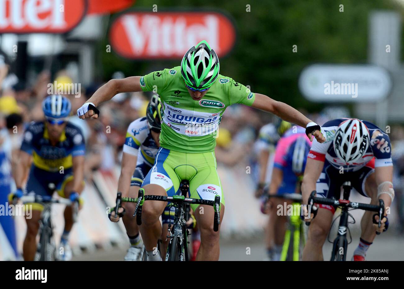Peter Sagan takes the stage win ahead of AndrŽ Greipel and Matthew Goss and Kenny Rober Van Hummel during Stage 6 of the 2012 Tour de France  Stock Photo