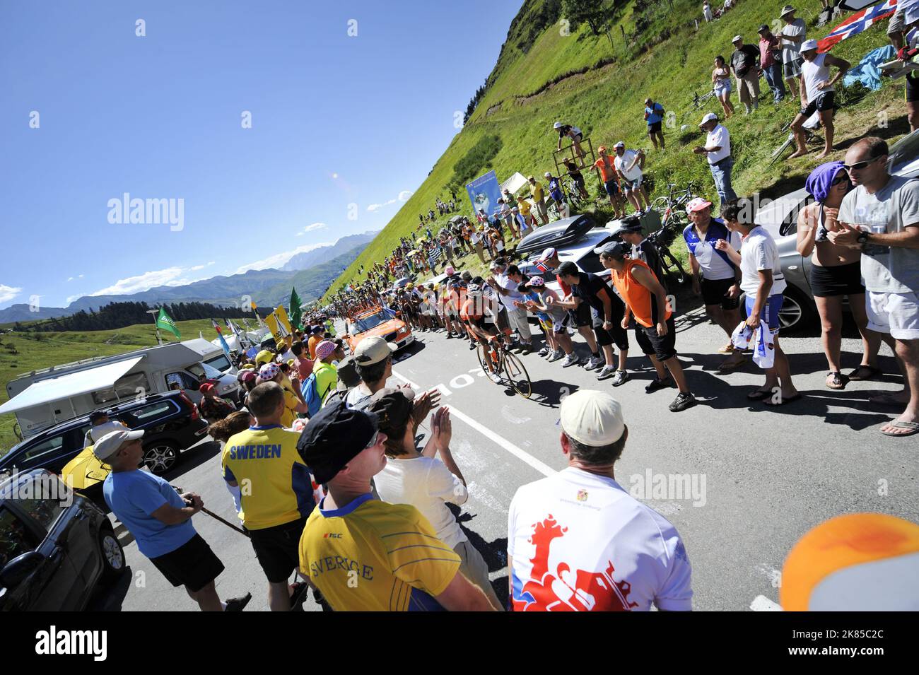 A Euskaltel Rider rides up the Col de Peyresourde, Tour de France 2012 stage 16, Pau - Bagnere de Luchon,  Stock Photo