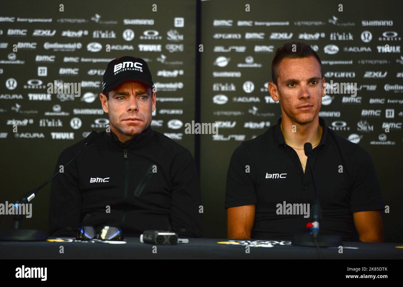 Tour de France 2013 press conference on the 'Mega Smeralda' Corsican Ferry floating press office. BMC's 2011 TDF winner Cadel Evans,  (right) World Champion Philippe Gilbert. Stock Photo