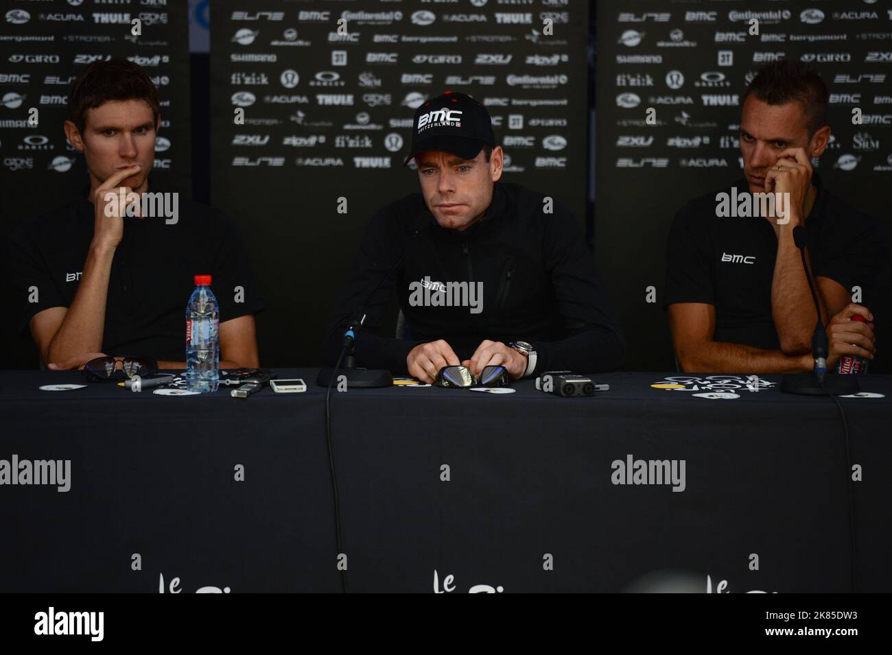Tour de France 2013 press conference on the 'Mega Smeralda' Corsican Ferry floating press office. BMC's 2011 winner Cadel Evans, (left) Teejay Van Garderen, and (right) Philippe Gilbert. Stock Photo