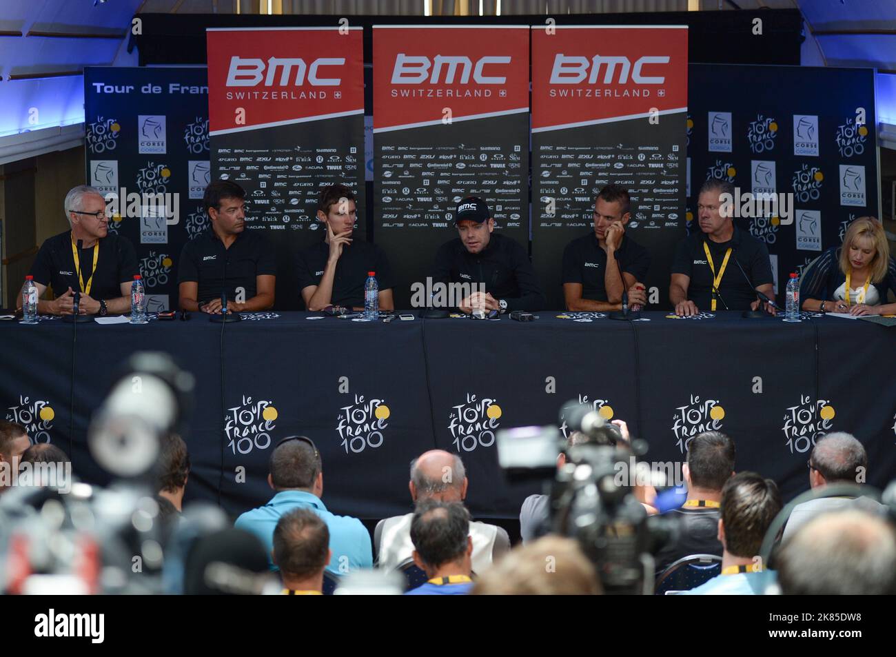Tour de France 2013 press conference on the 'Mega Smeralda' Corsican Ferry floating press office. BMC's 2011 winner Cadel Evans, (left) Teejay Van Garderen, and (right) Philippe Gilbert. Stock Photo
