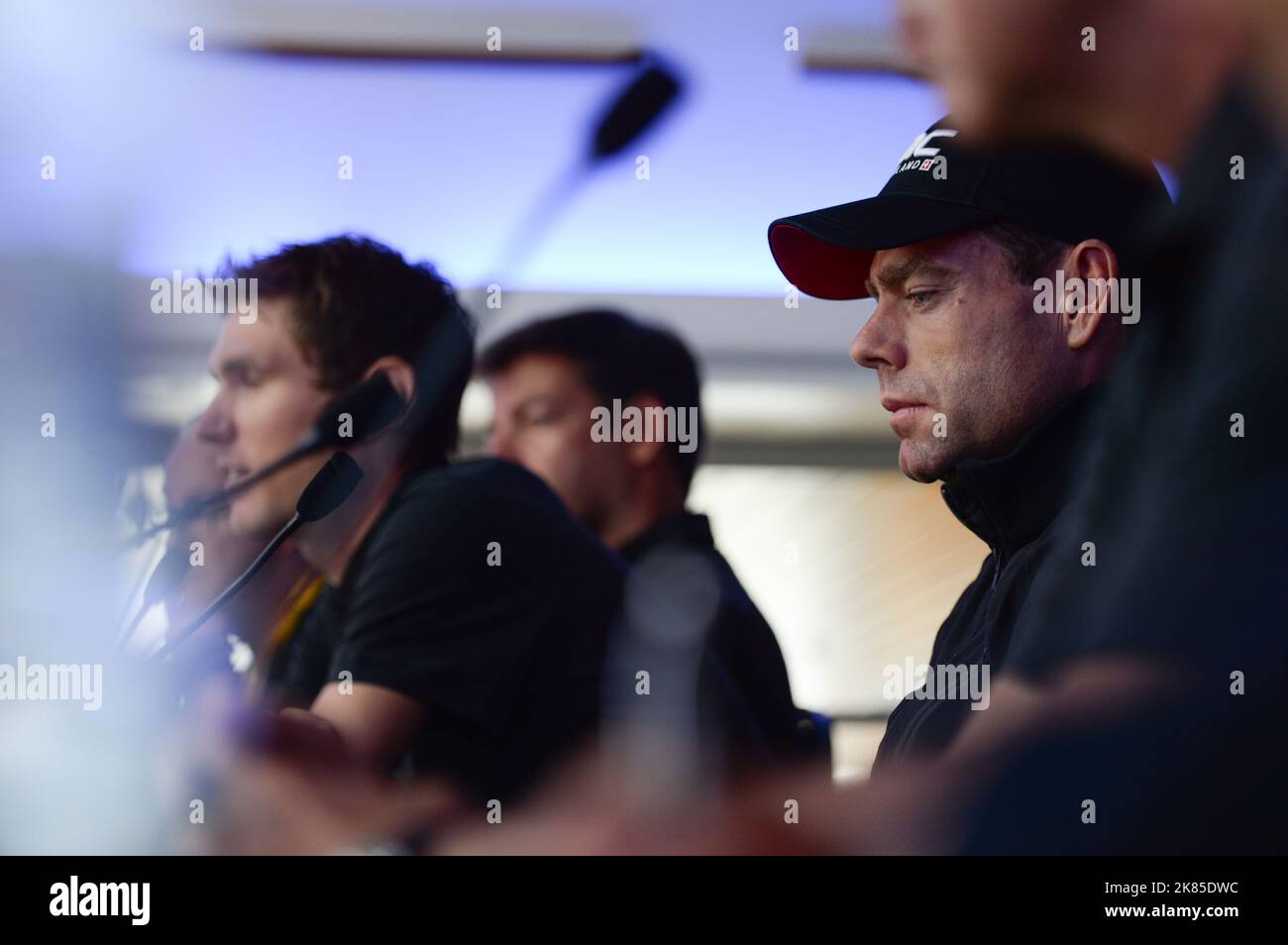 Tour de France 2013 press conference on the 'Mega Smeralda' Corsican Ferry floating press office. BMC's Cadel Evans (2011 TDF's winner) answers questions from the world's media. Stock Photo