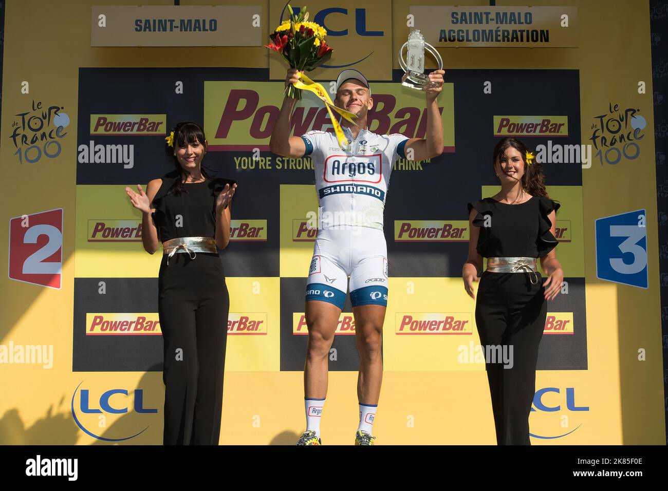 Marcel Kittel, team Argos Shimano, stands on the podium to collect his