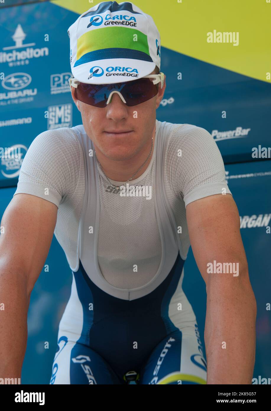 Cameron Meyer warms up on the turbo trainer before the race in Bourgd