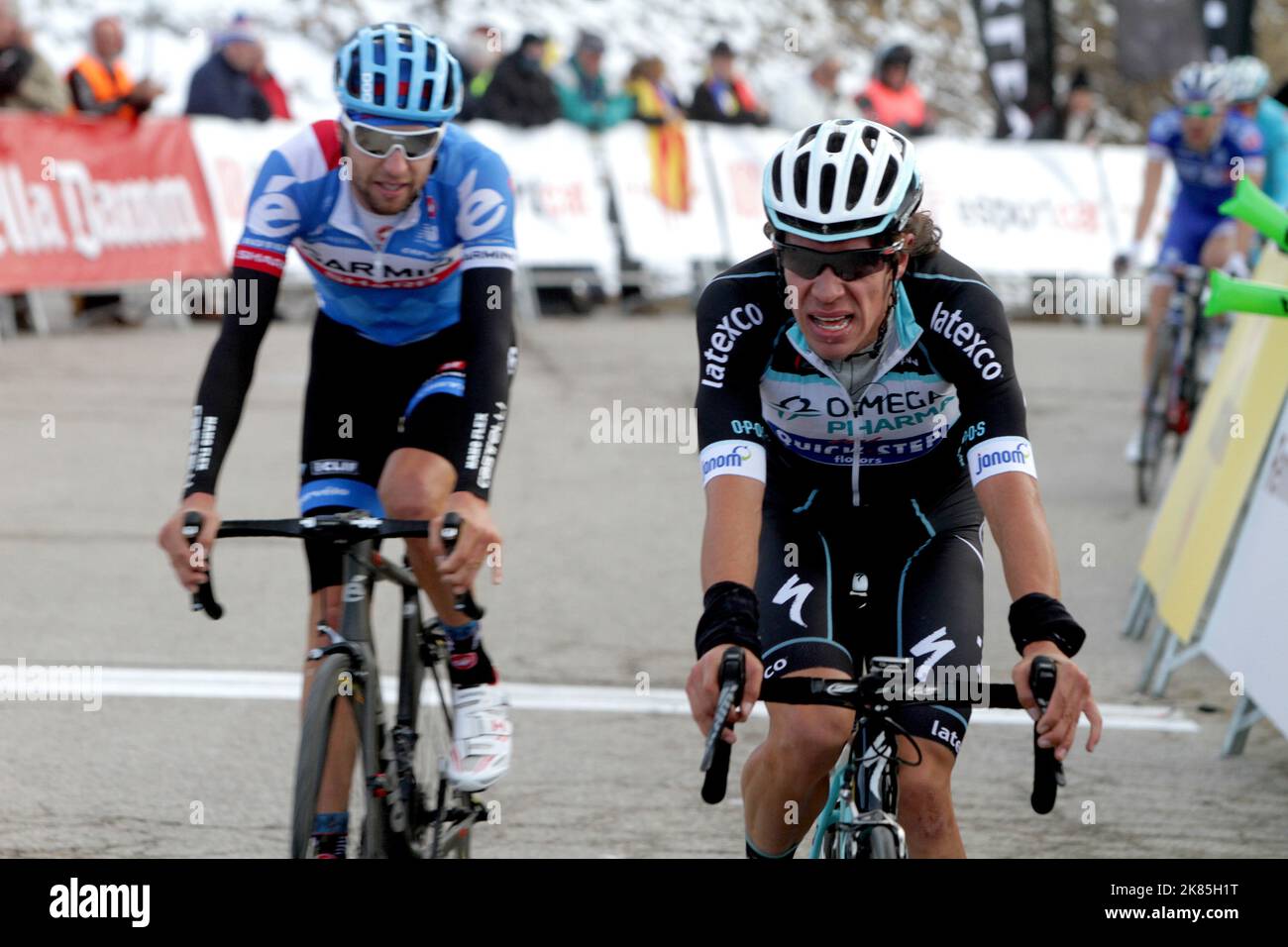 Rigoberto Uran team Omeg Pharma Quickstep arrives over the finish line in 13th place in Stage 3 of the Volta Ciclista a Catalunya 2014, 162.9km BanyolesLa Molina Stock Photo