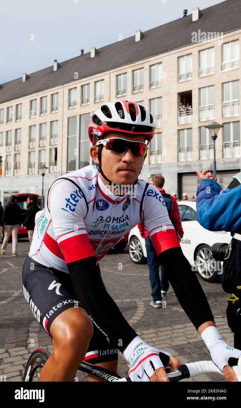 Omega Pharma's Michal Kwiatkowski looking relaxed at the start of the 100th Edition of Liege Bastogne Liege Stock Photo