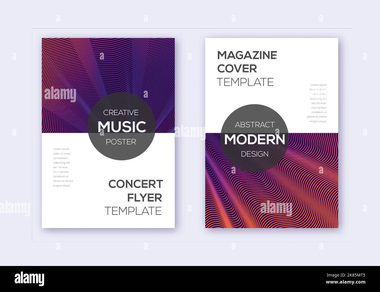 Modern cover design template set. Violet abstract lines on maroon