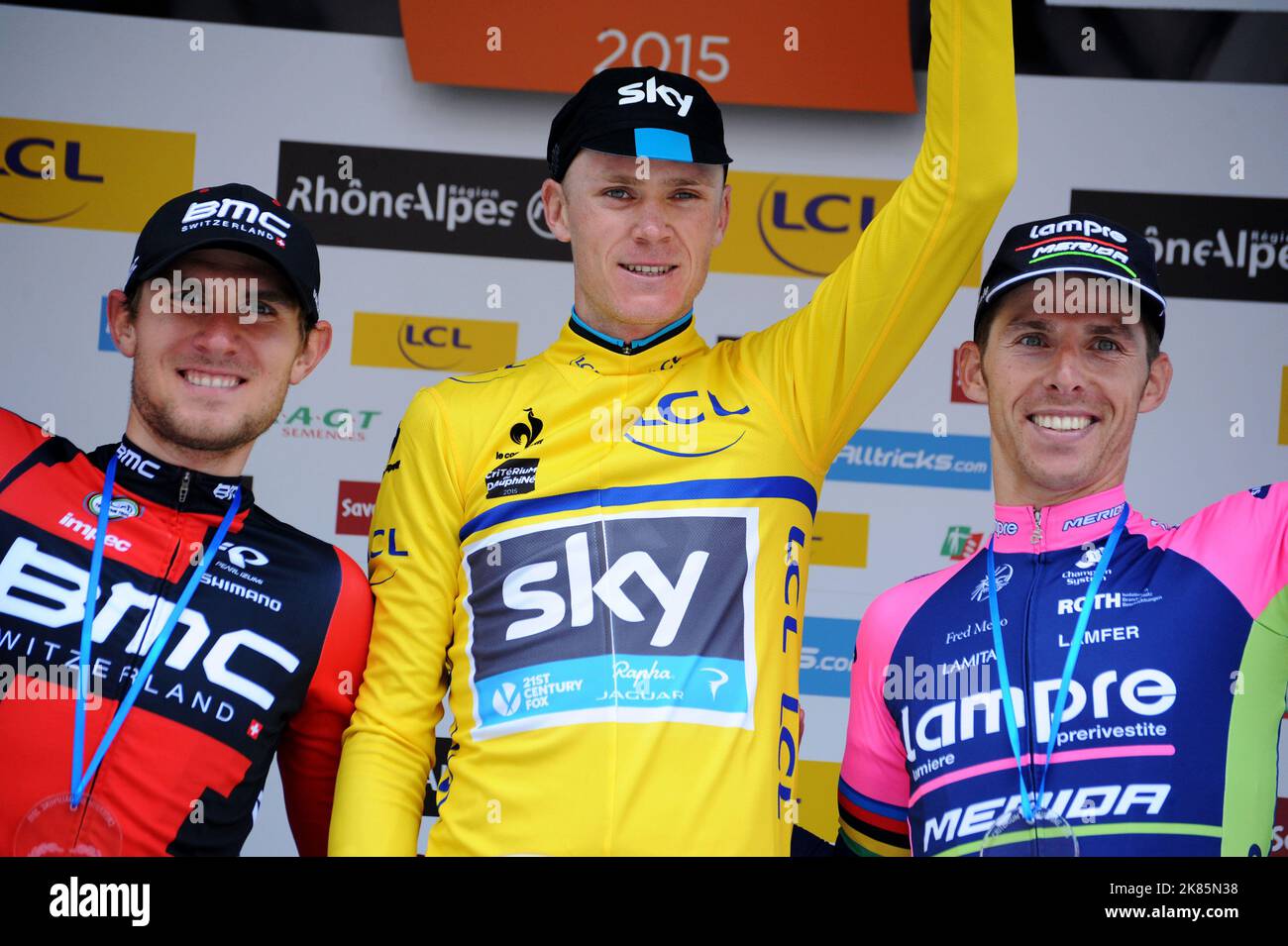 Criterium du Dauphine - Saint-Gervais-les-Bains - Modane Valfrejus  - Stage 8 - Chris Froome - Team Sky wins the final stage to secure victory in the Criterium du Dauphine for the second time. On the podium with Teejay Van Garderen team BMC and Rui Costa (Por) Lampre-Merida Stock Photo