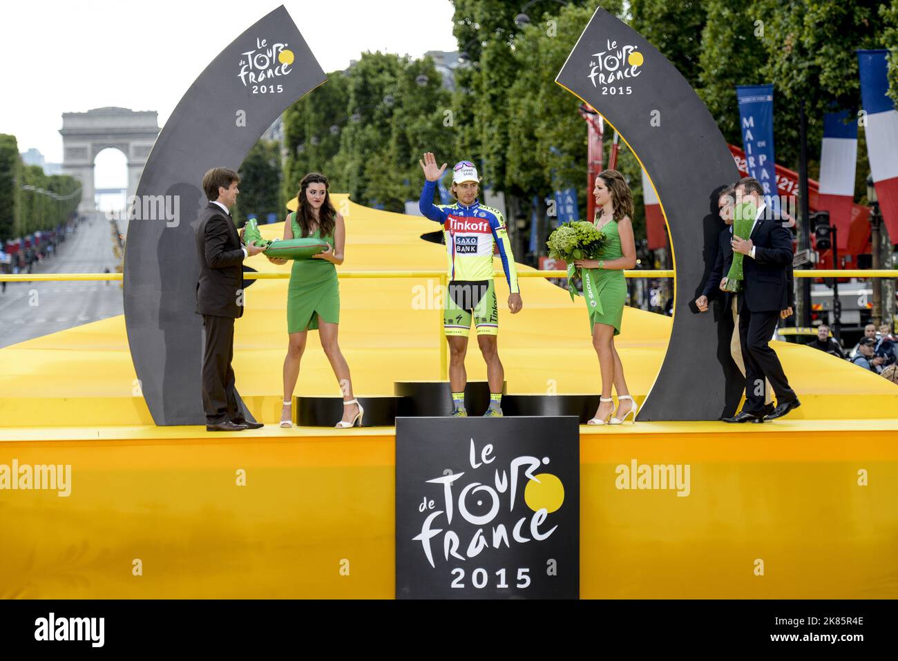 Peter Sagan team Tinkoff Saxo Bank stands on the podium after winning ...