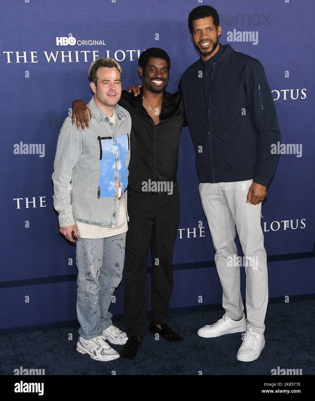 Los Angeles, USA. 20th Oct, 2022. (L-R) Max Borenstein, Delante Desouza and Solomon Hughes at the HBO Original Series THE WHITE LOTUS Season 2 Premiere held at the Goya Studios in Los Angeles, CA on Thursday, ?October 20, 2022. (Photo By Sthanlee B. Mirador/Sipa USA) Credit: Sipa USA/Alamy Live News Stock Photo