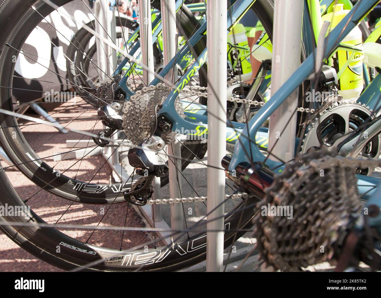 The Climbing gears are out to deal with the murderous slopes of the Mur de Huy before the 2016 Fleche Wallonne from Marche-en-Famenne to Mur de Huy, Belgium. Stock Photo