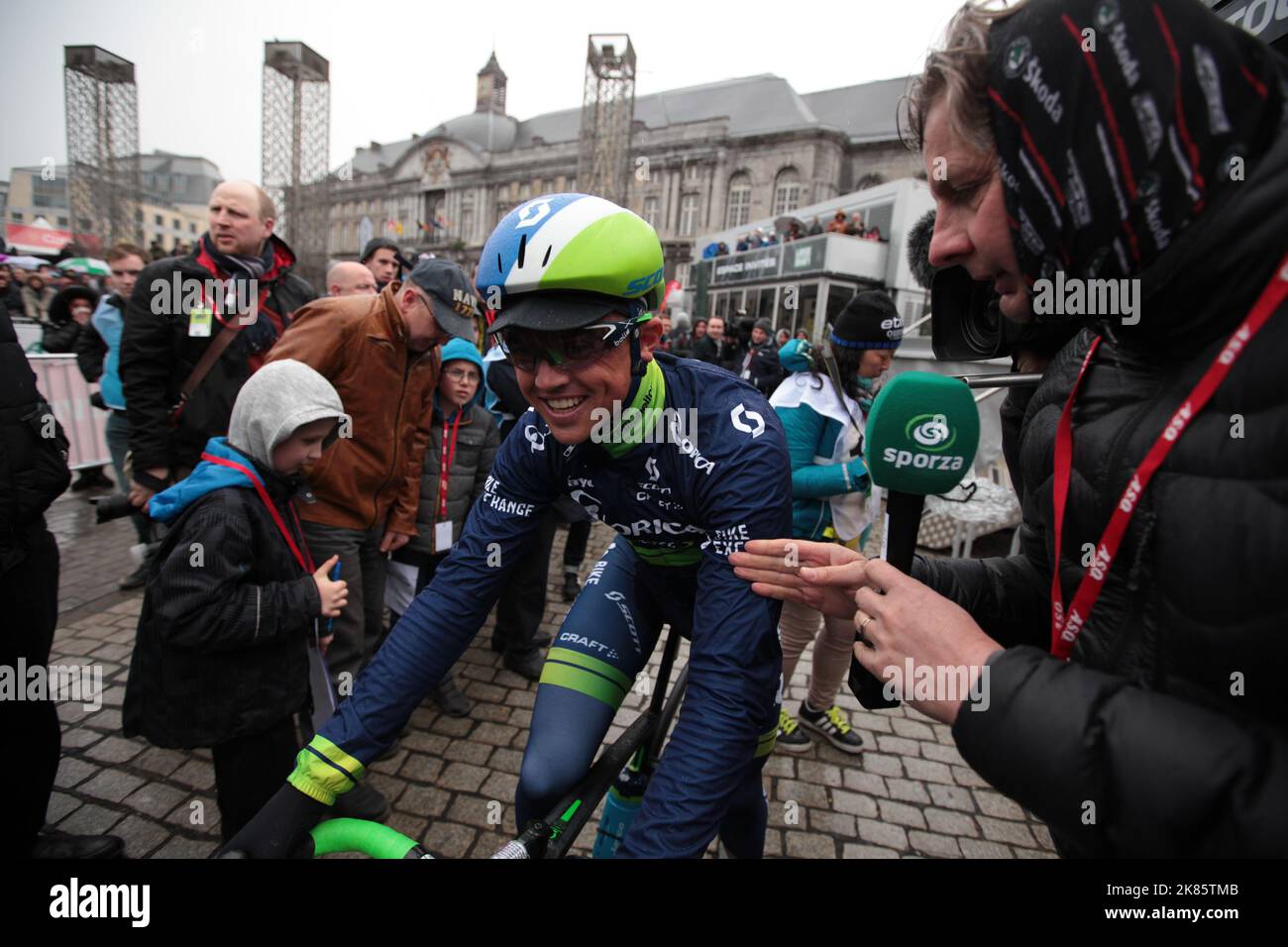 Simon Gerrans (Orica Greenedge)  at the start of Liege Bastogne Liege in in Place St Lambert Stock Photo