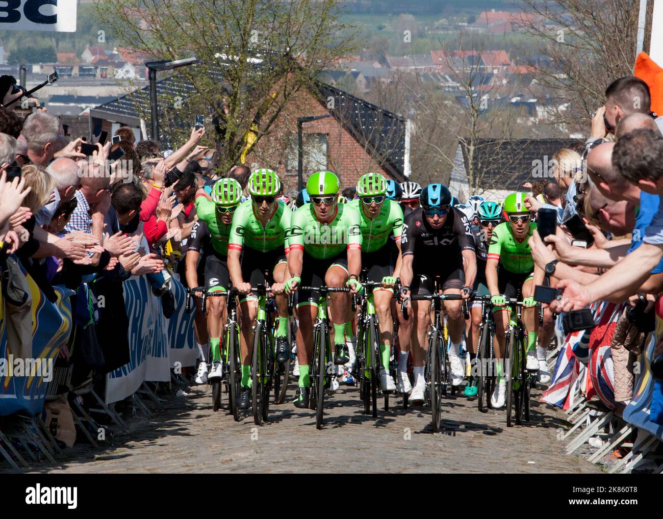 Team Sky Procycling and Cannondale Drapac Professional Cycling during the 101st edition of the 'Ronde van Vlaanderen - Tour of Flanders' one day cycling race, 260km from Antwerp to Oudenaarde Stock Photo