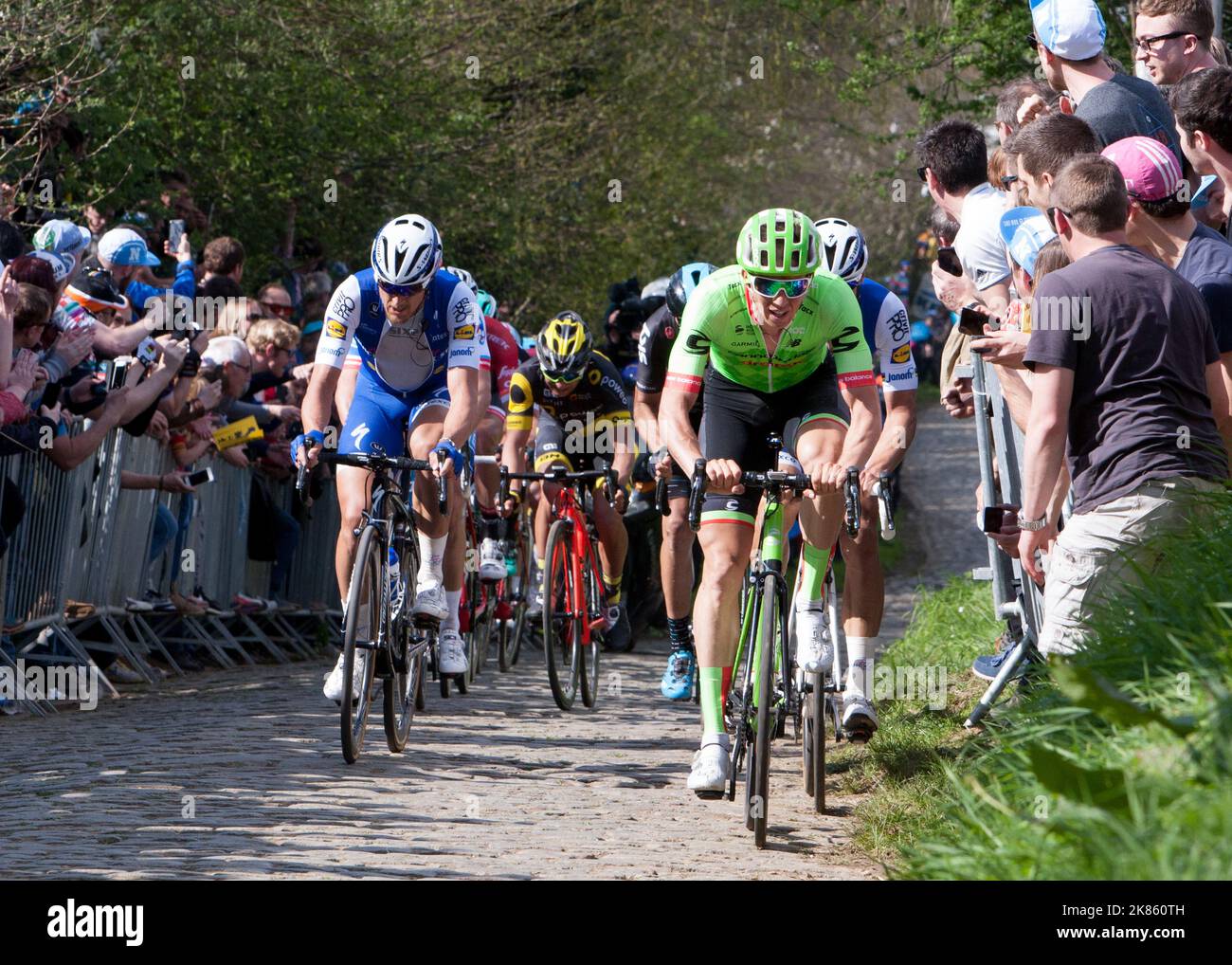 Dylan Van Baarle (Cannondale Drapac Professional Cycling) leads the chasing group in pursuit of Philippe Gilbert during the 101st edition of the 'Ronde van Vlaanderen - Tour of Flanders' one day cycling race, 260km from Antwerp to Oudenaarde Stock Photo