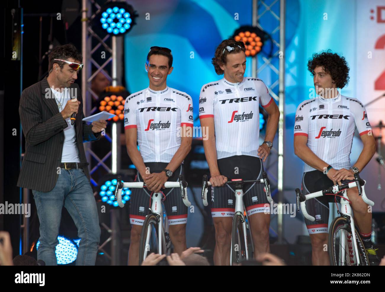 Spanish rider Alberto Contador, Team Trek Segafredo, is interviewed by ...