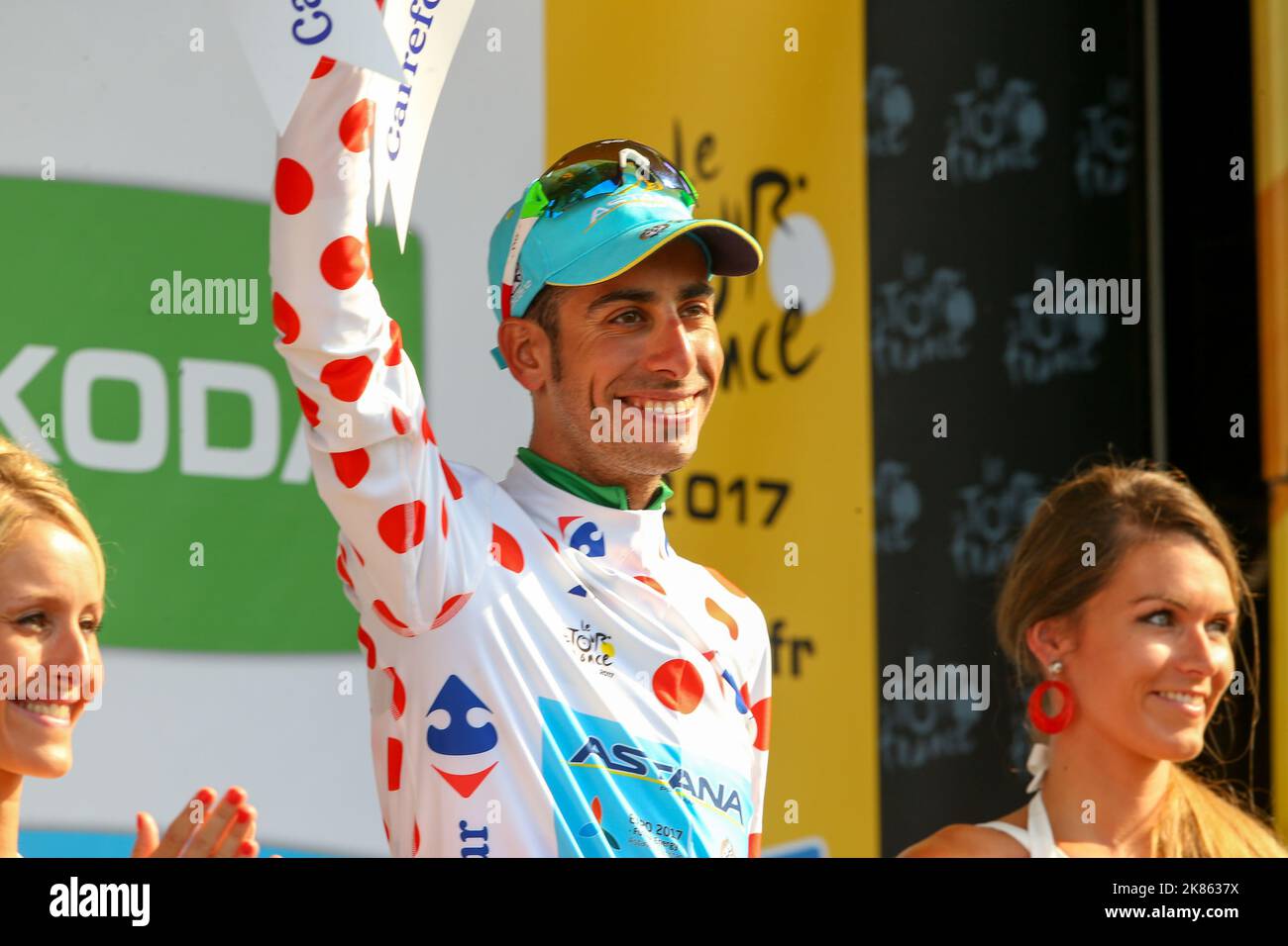 Italian Fabio Aru (Astana) stays in the Polka Dot jersey for another day Stock Photo