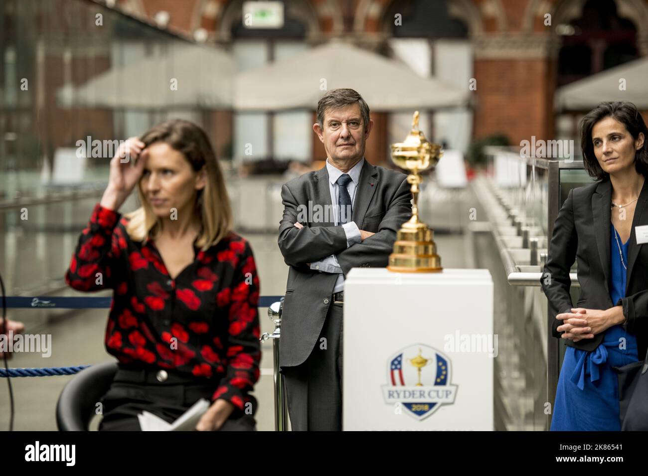 Jean-Pierre Jouyet UK ambassador for France attends a Ryder Cup Media call - Rendezvous King Cross Train Station UK in association with Atout France Tourism and Eurostar to promote next year's Ryder Cup at Golf Le National Stock Photo