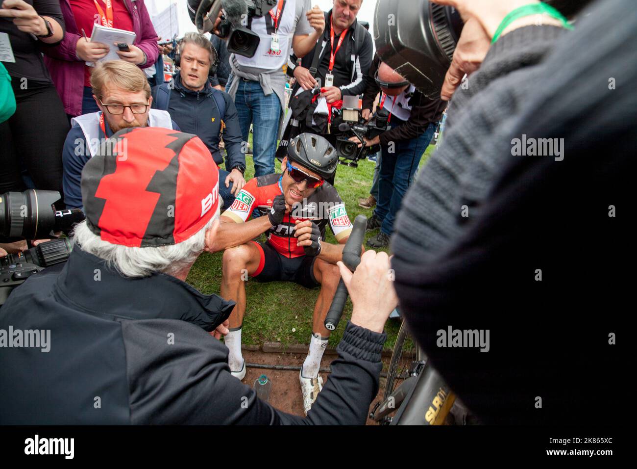 Greg Van Avermaet (BMC racing Team) is surround by the press after the finish of a very tough Paris Roubaix Stock Photo
