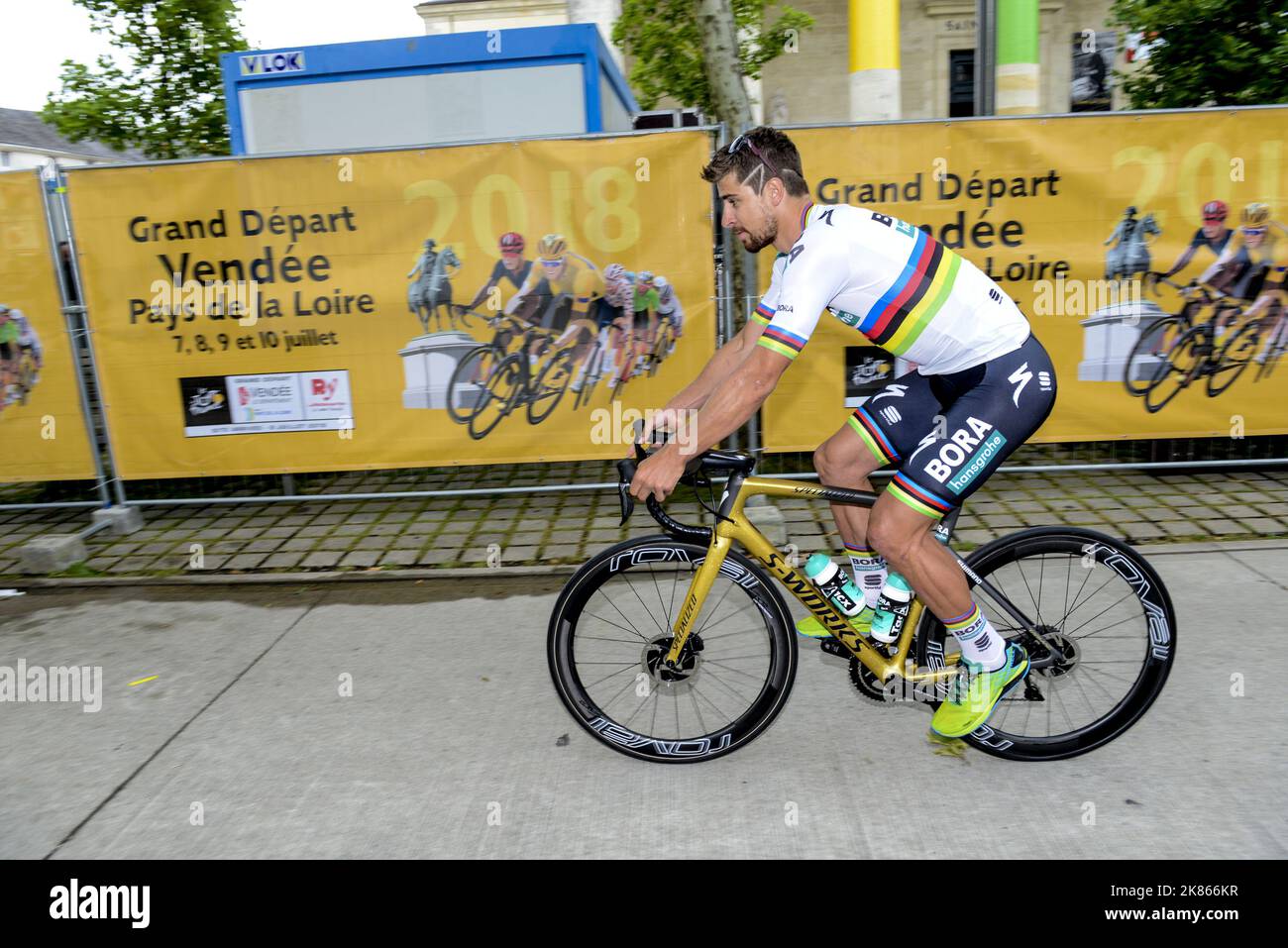 Slovakian Peter Sagan for team Bora Hansgrohe rides to the podium. Stock Photo