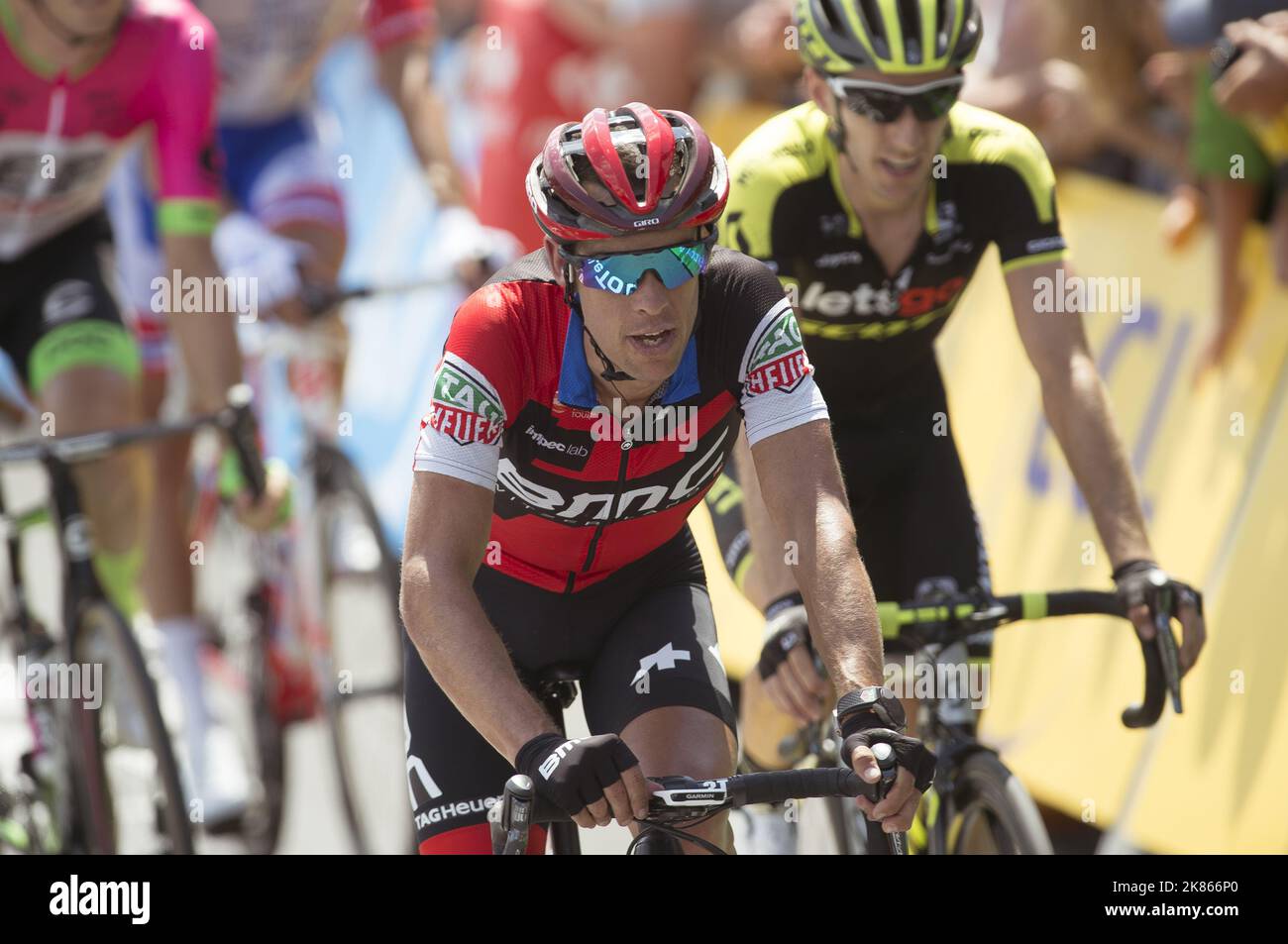 Finish line - Australia's Richie Porte for team BMC racing at the front with GB's Adam Yates for Michelton Scott behind him during the Tour de France 2018 Stage 1 from Noirmoutier en L'Ille to Fontenay Le Comte.  Stock Photo