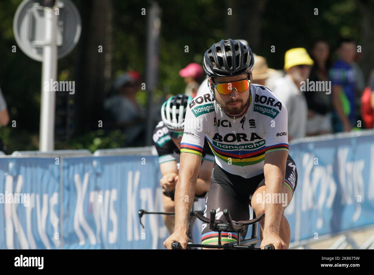 World Champion Peter Sagan  Bora Hansgrohe  Taking A Bow With His Cobble Trophy For Winning Paris Roubaix Image486943945