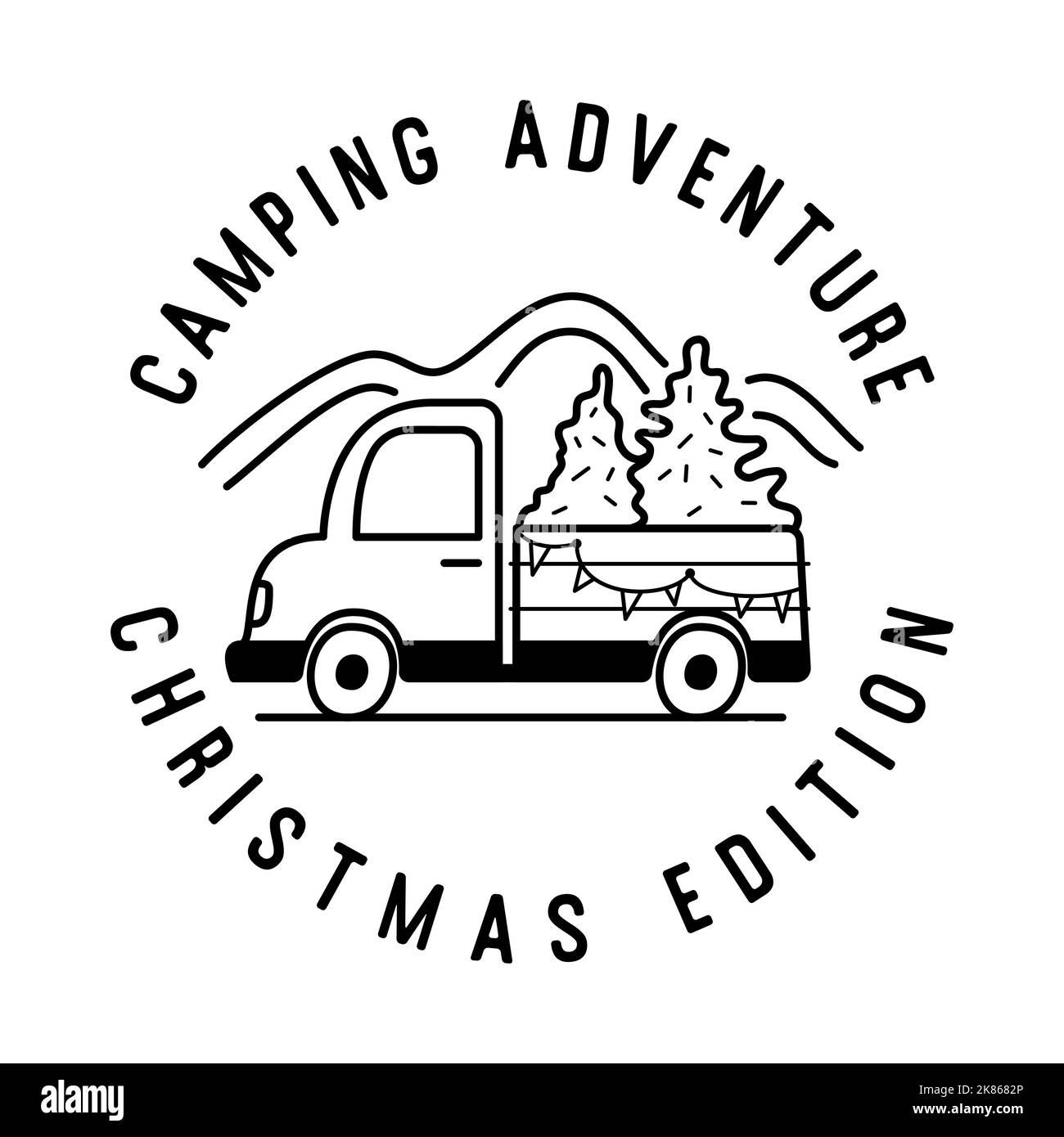 Mountain Camping christmas badge design with truck and crhtistmas trees