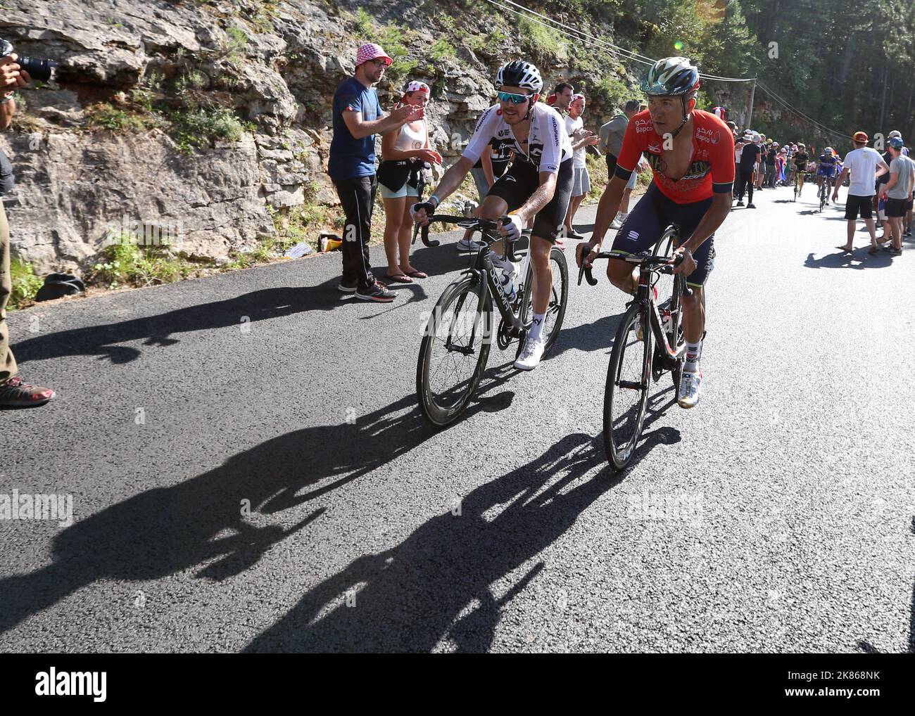 Luke Rowe of Team Sky Procycling and Heinrich Haussier of team Bahrain-Merida during Stage 14 of the Tour de France from Saint-Paul-Trois-Chateaux to Mende on July 21, 2018. Stock Photo