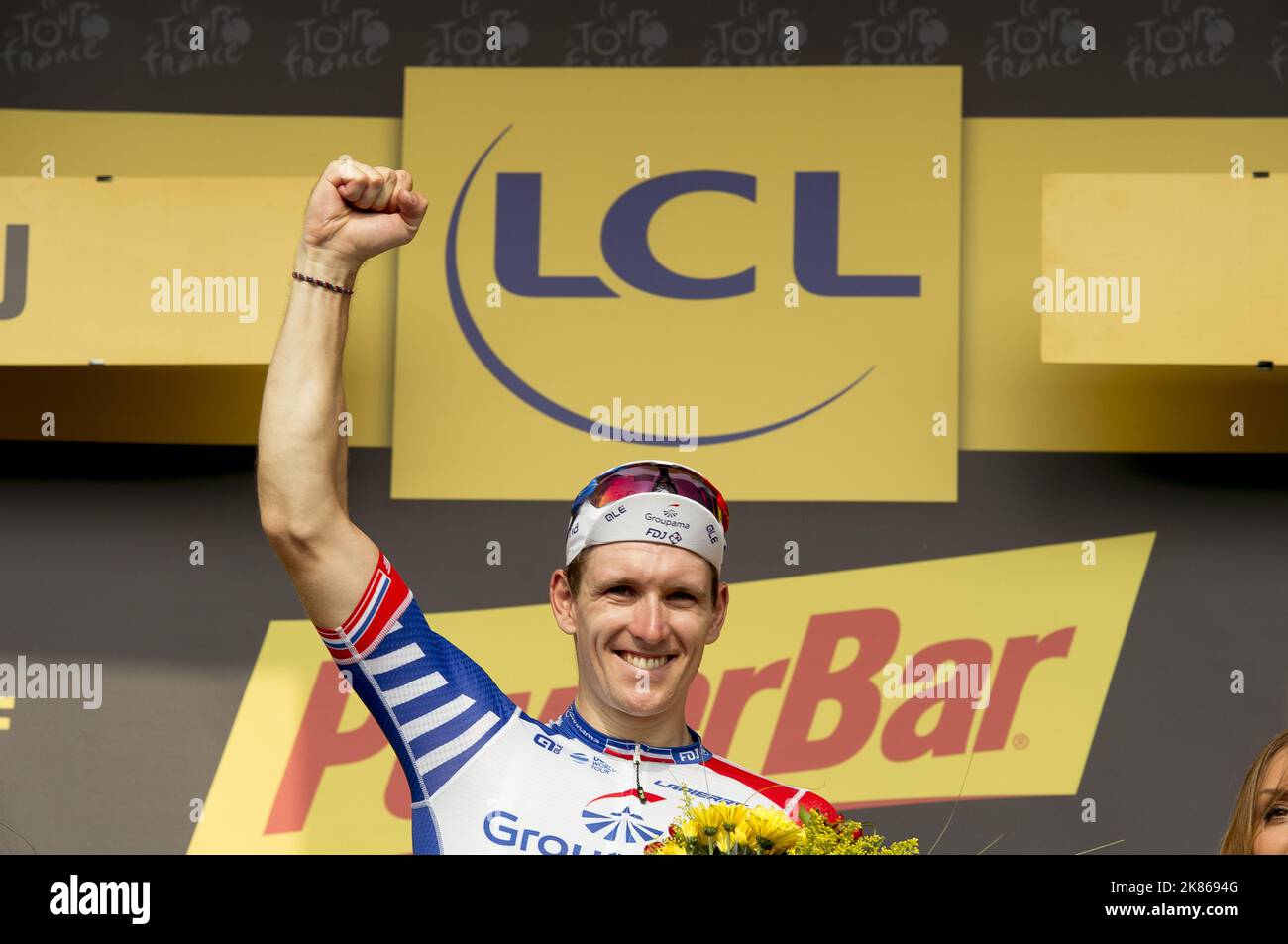 French Rider Arnaud Demare wins the stage in a sprint finish in Pau during stage 18 of the Tour de France 2018  Stock Photo