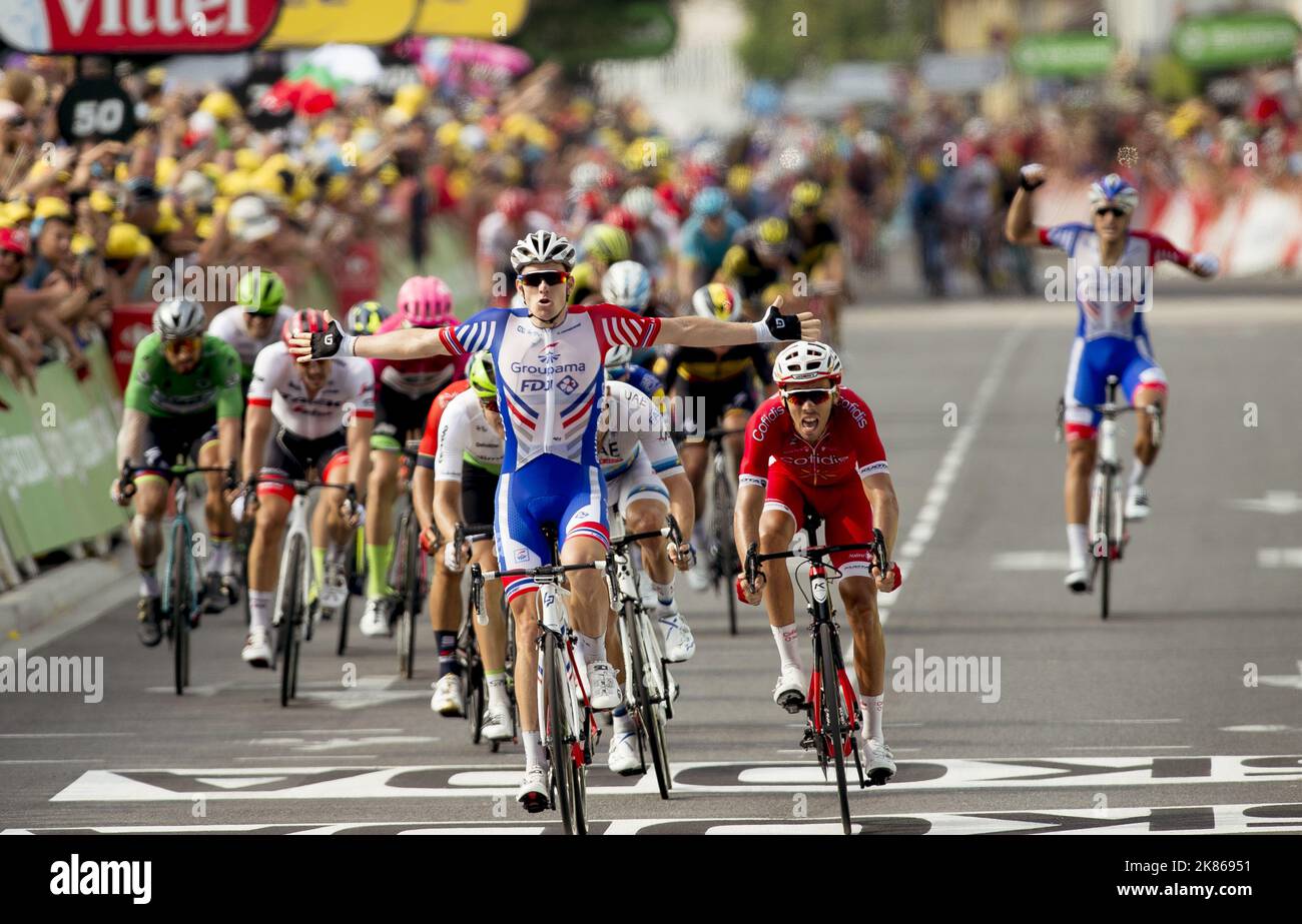 French Rider Arnaud Demare wins the stage in a sprint finish in Pau during stage 18 of the Tour de France 2018  Stock Photo