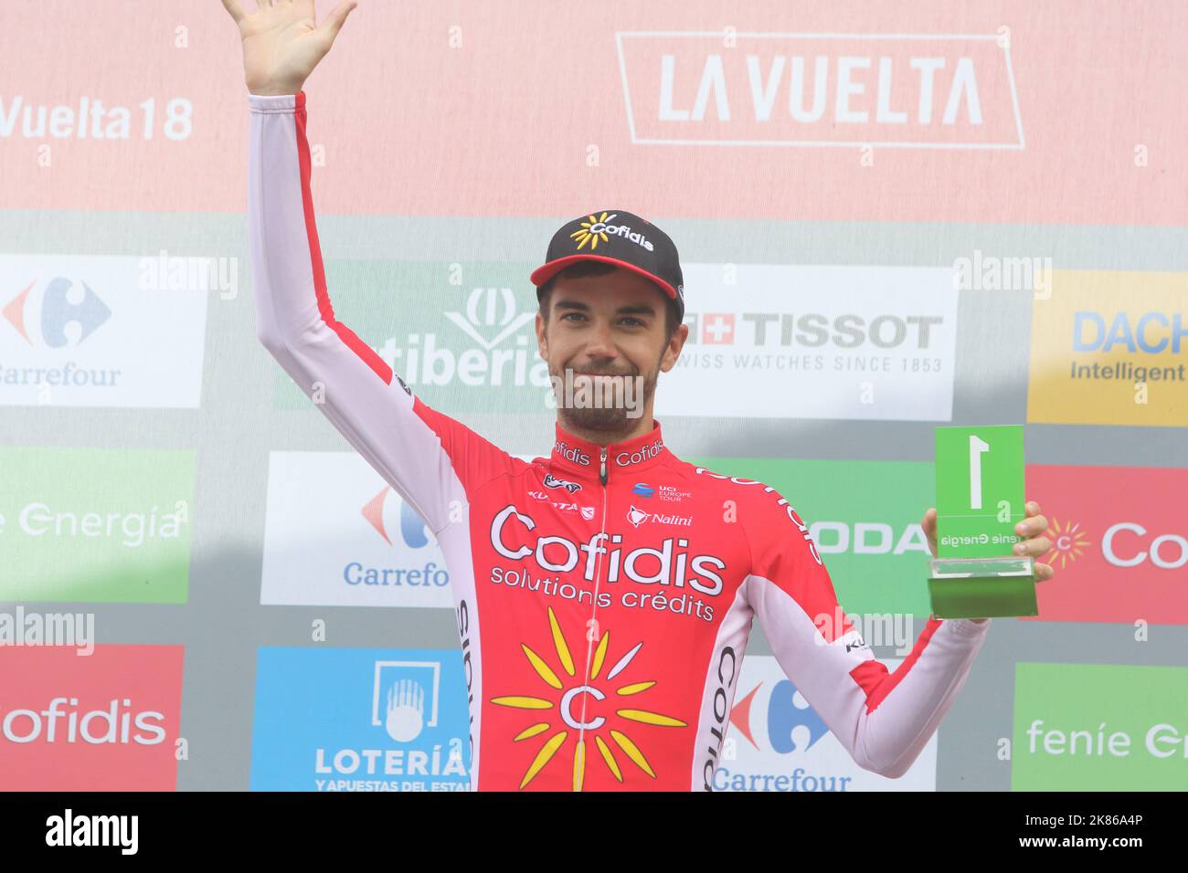 Cofidis' Jesus Herrada celebrates with the combatively prize during Stage 19 of the Vuelta a Espana (Tour of Spain) from Escaldes-Engordany to Coll De La Gallina on September 15, 2018. Stock Photo
