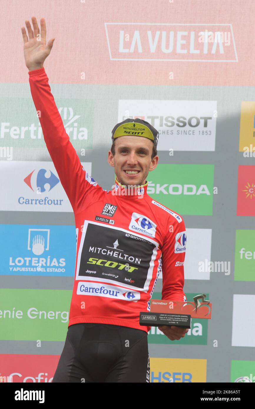 Mitchelton Scott's Simon Yates celebrates with the red jersey during Stage 19 of the Vuelta a Espana (Tour of Spain) from Escaldes-Engordany to Coll De La Gallina on September 15, 2018. Stock Photo
