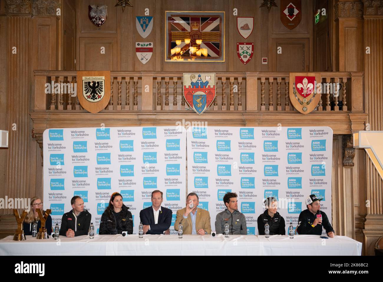 Mark cavendish, Lizzie Deignan, Greg Van Avermaet, Christian Prudhmme, Dame Sarah Storey, Chris Froome, Gabriella Shaw in the Tour de Yorkshire 2019 Press conference and presentation on the in Leeds city Centre Stock Photo