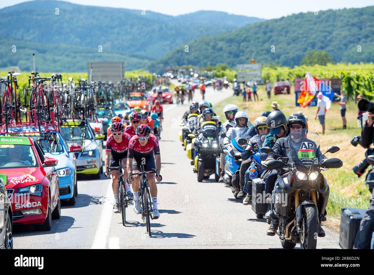 Gianni Moscon along eith Geraint Thomas and Luke Rowe ride towrds the back of the peloton during the Tour de France 2019 Stage 5 - Saint-Die-Des-Vosges to Colmar Stock Photo