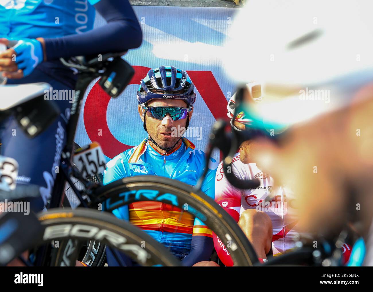 Alejandro Valverde of team Movistar during the Il Lombardia 2019 race in Lombardia, Italy on Saturday October 12, 2019. Stock Photo