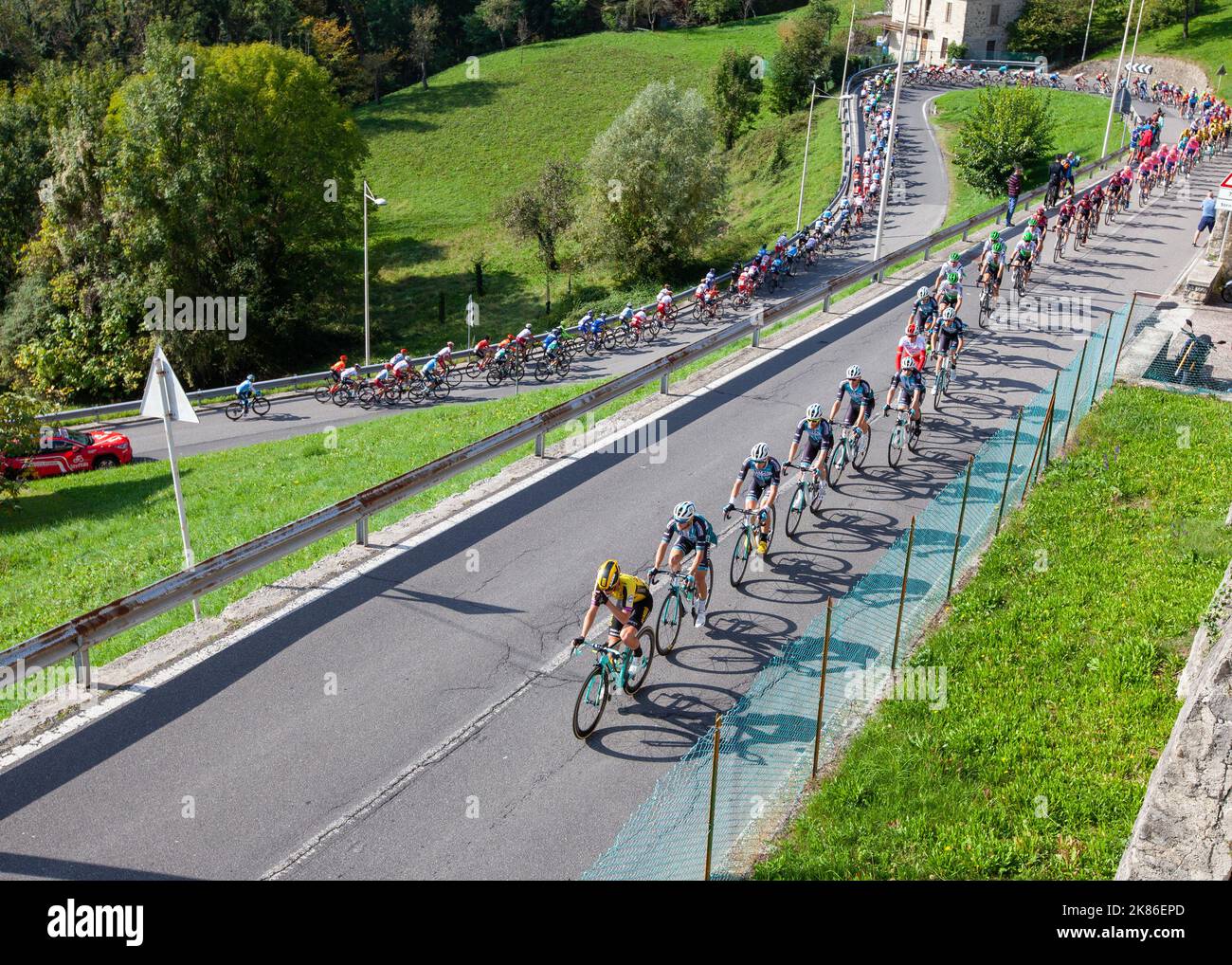 The peloton during the Il Lombardia 2019 race in Lombardia, Italy on Saturday October 12, 2019. Stock Photo