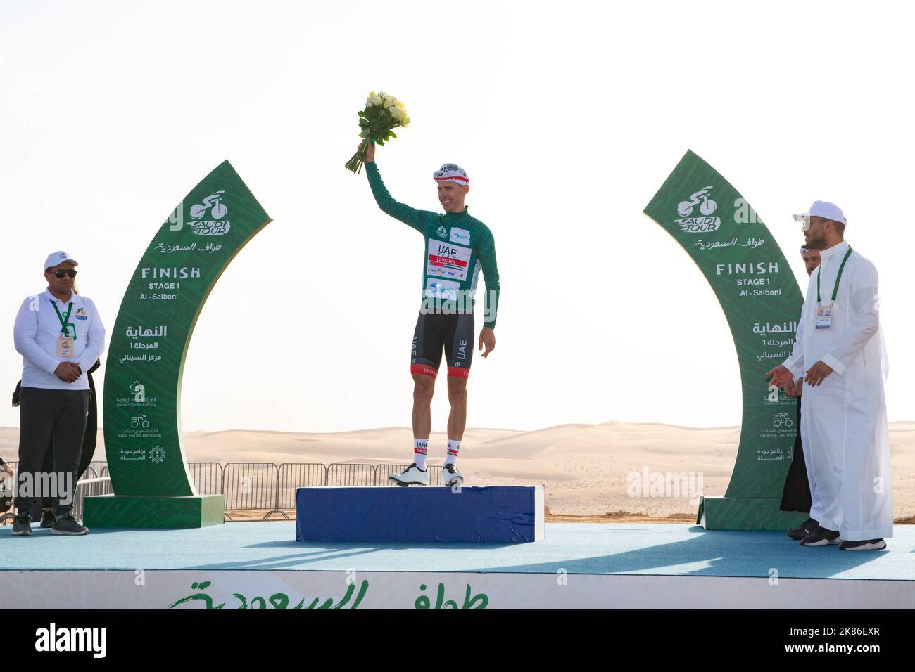 Rui Costa for team UAE Emirates stands on the podium after winning the stage in a sprint finish taking the green leading sprinter's jersey in the Saudi Tour 2020, stage 1.  Saudi Arabian Olympic Committee - Riyadh to Jaww - 173km Stock Photo