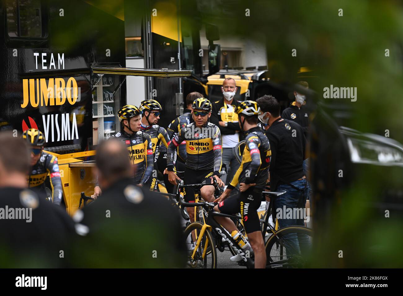 Team Jumbo Visma get ready for a training ride in the days leading up to the 2021 Tour de France with Tony Martin in the centre in Brest, France, 24th June 2021. Stock Photo