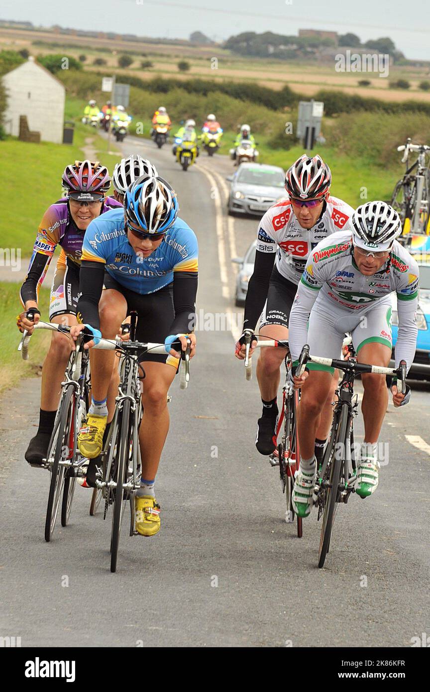 SouthAustralia.com's Travis Meyer (l) and Team LPR Brakes-Ballan's Danilo Di Luca lead a breakaway group of five during Stage Five of the Tour of Britain Stock Photo