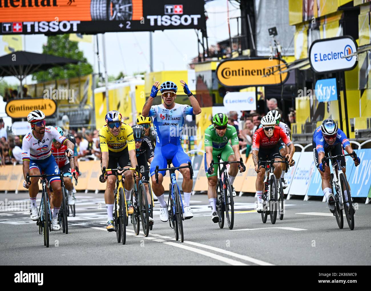 Dylan GROENEWEGEN beating Wout VAN AERT, Peter SAGAN, Jasper PHILIPSEN to the line for the stage win on Tour De France, Stage 3, Denmark, 3rd July 2022, Credit:Pool/Goding Images/PA Images Stock Photo