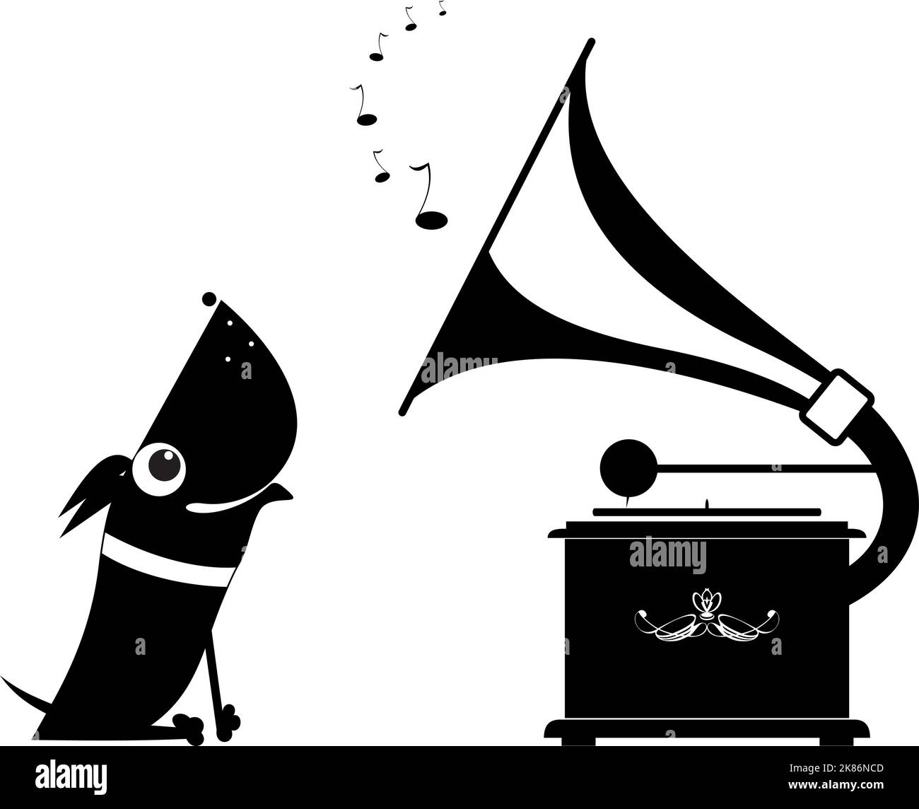 Retro record player. Howling or singing dog.  Dog listening a retro record player and singing or howling. Black on white background Stock Vector