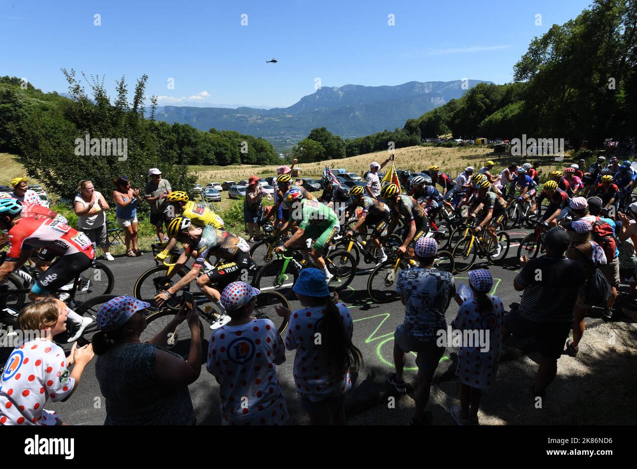 Sainte-Etienne, France, 15th July 2022. A general view of  Jonas Vingegaard for team Jumbo Visma  and Wout Van Aert during Stage 13 of the Tour De France, Le Bourg Dâ€™Oisans to Sainte-Etienne. Credit: Pete Goding/Alamy Live News Stock Photo