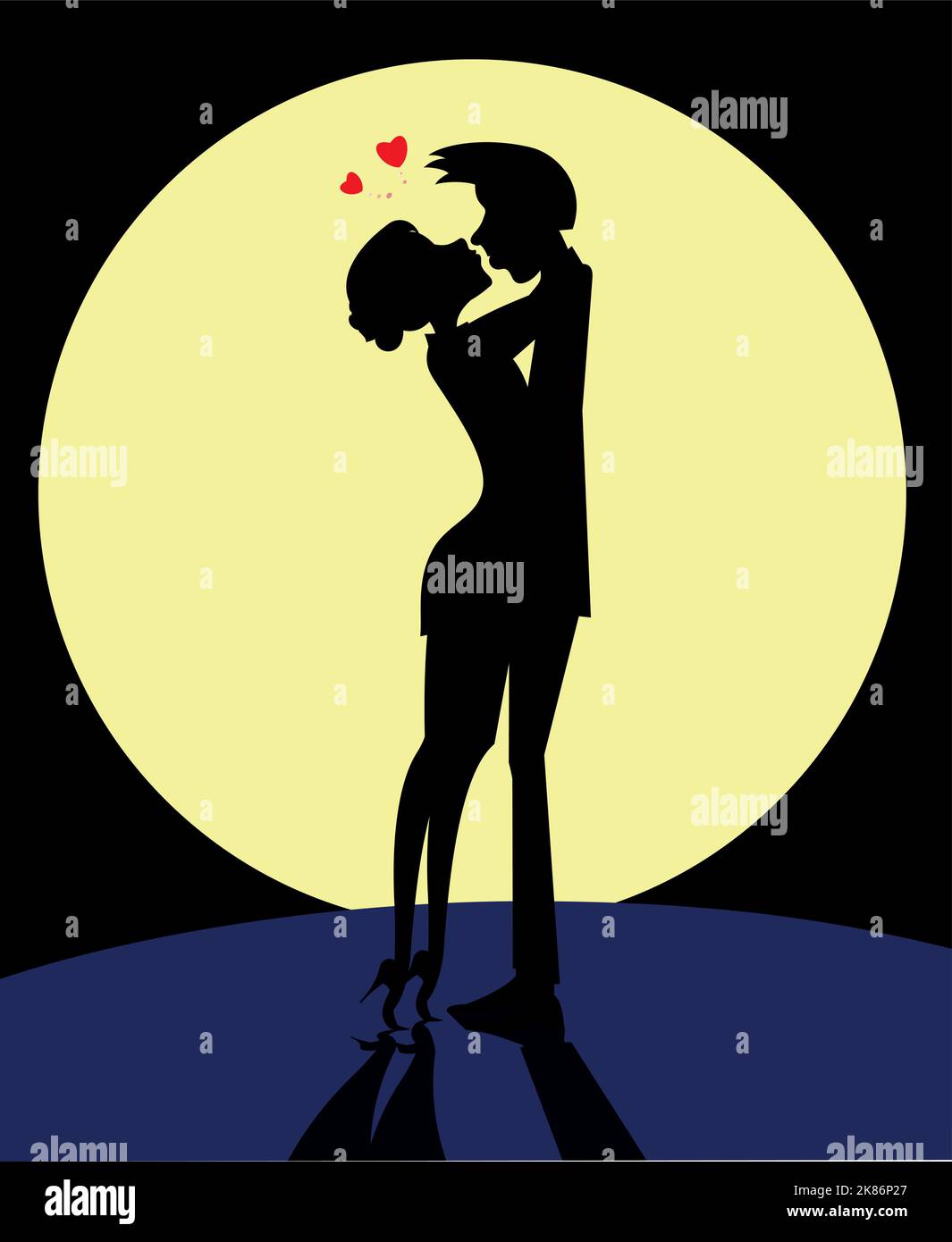 Love couple rendezvous under the moon. Heart symbols. Full moon ...