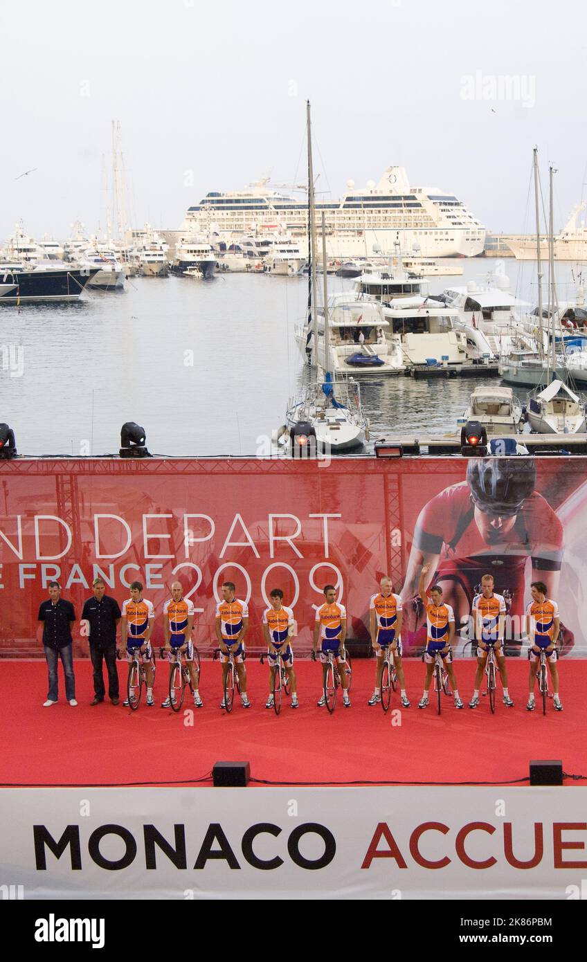 The Rabobank cycling team are seen during the official presentation of